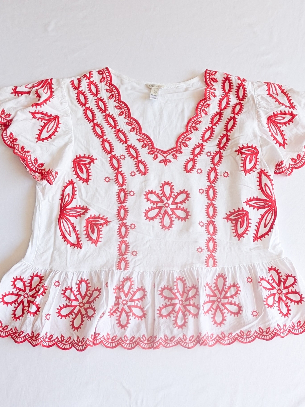 Cato Women’s Large White Red Embroidered Peplum Top Short Sleeve Boho Festival